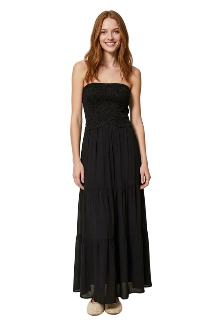 Twinset U&B Cotton Crochet Creponne Muslin Tiered Bustier Maxi Dress