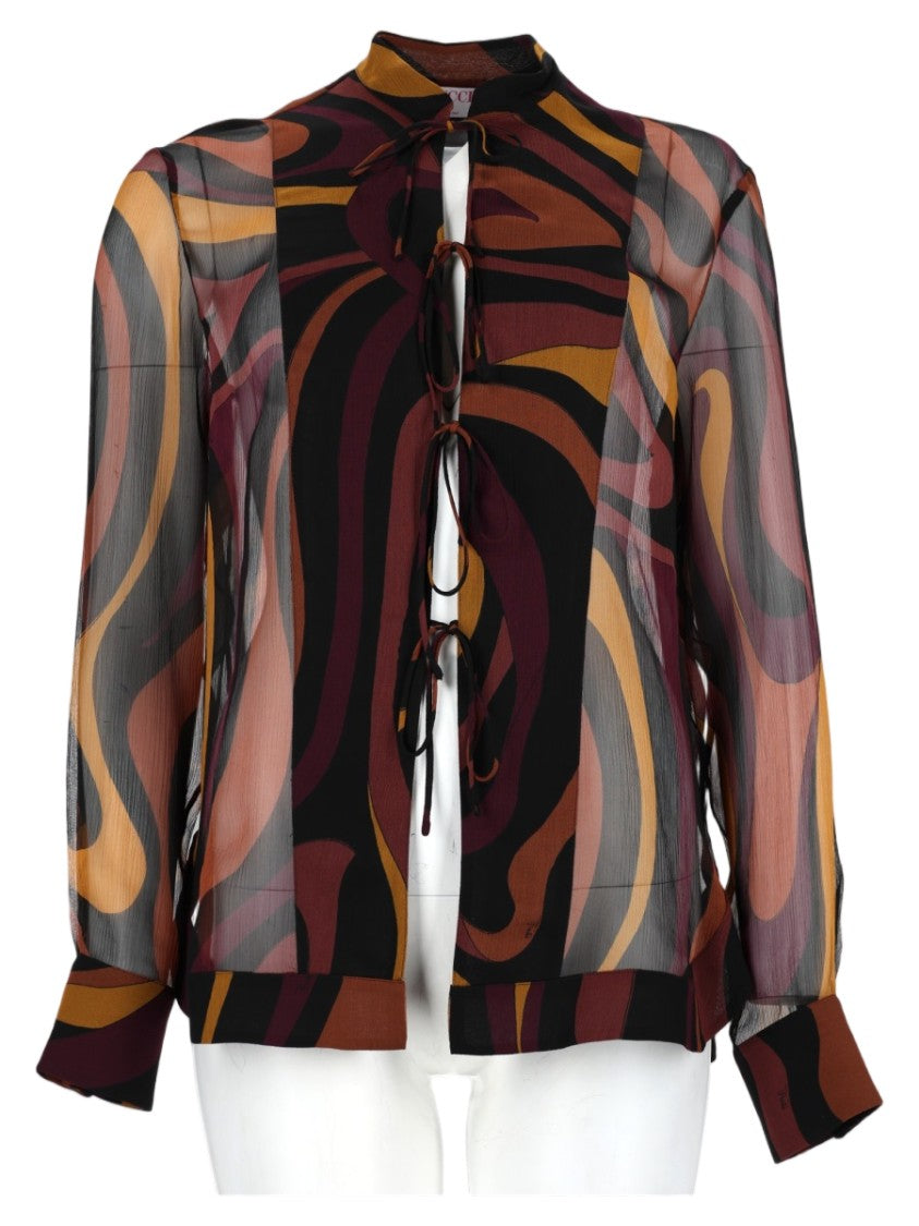Pucci Burgundy Abstract Tie-Closure Sheer Silk Blouse