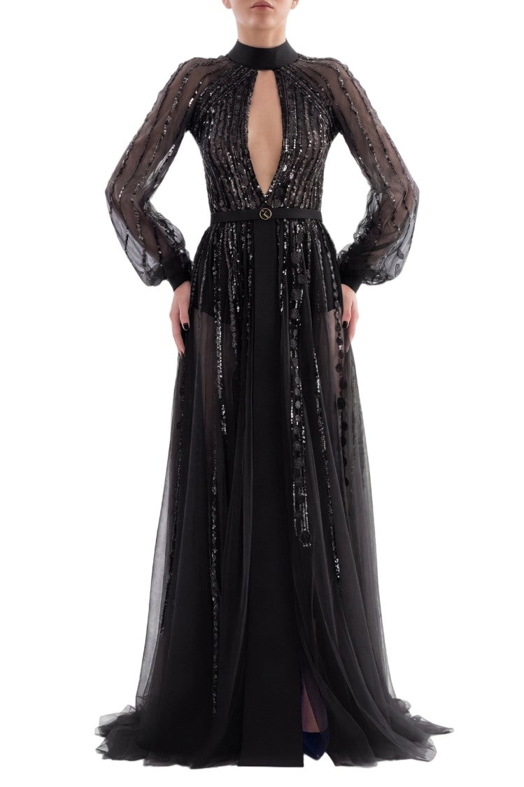 Saiid Kobeisy Black A-Line Sheer Embroidered Evening Dress