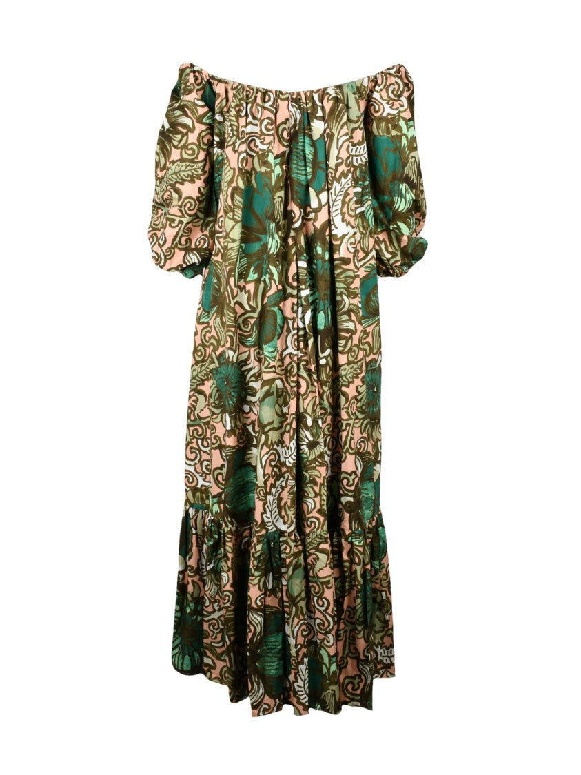 La Double J Green Pink Floral Oversized Cotton Midi Dress