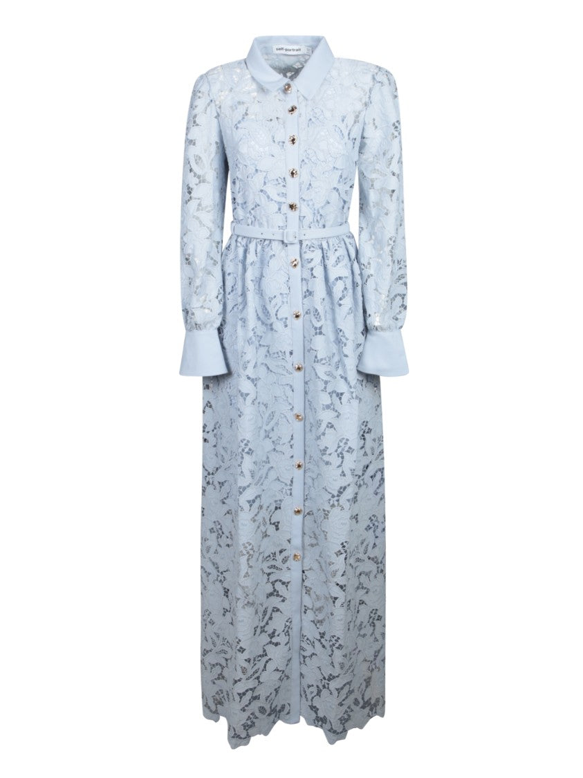 Self-Portrait Pointed Collar Blue Lace Maxi Dress With Buttoned Cuffs