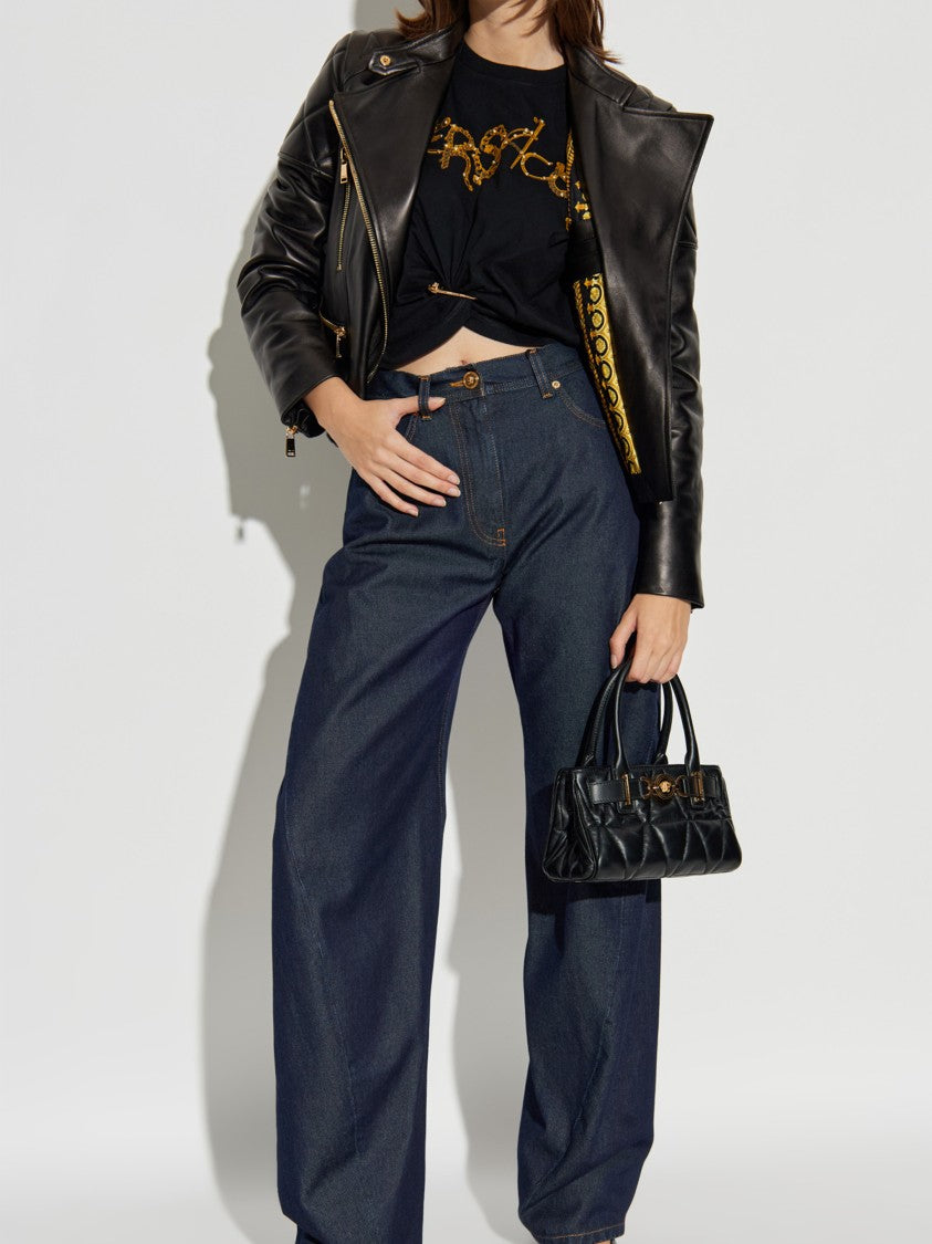 Versace Black Agnello Quilted Leather Biker Jacket