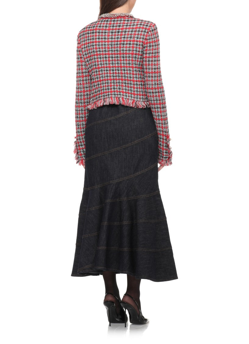 Self-Portrait Vibrant Checkered Jacket With Fringed Edges And Jeweled Accents