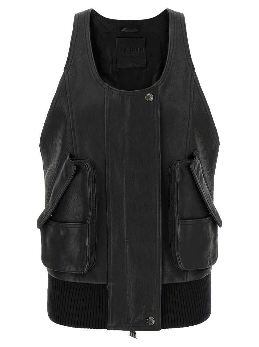 The Attico Hammered Leather Blouson Vest With Ribbed Knit Hem