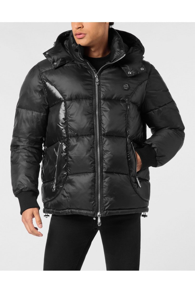 Philipp Plein Black Mixed Matte-Gloss Quilted Hexagon Patch Nylon Down Jacket