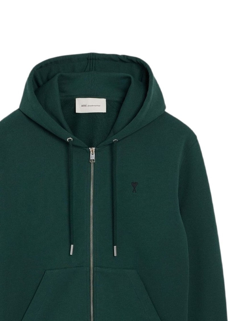 Ami Paris Drawstring Kangaroo Pocket Zip-Up Hoodie Sweater
