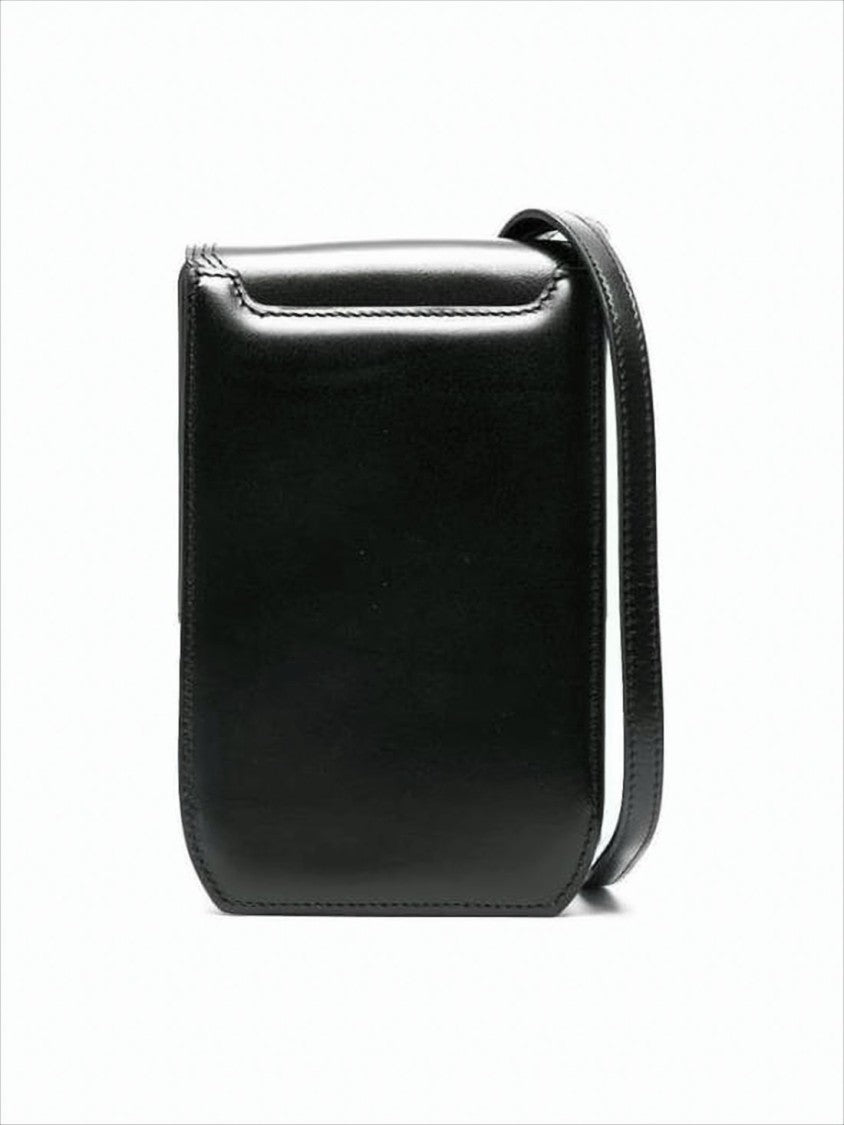 Lemaire Structured Black Leather Shoulder Bag With Flap Closure
