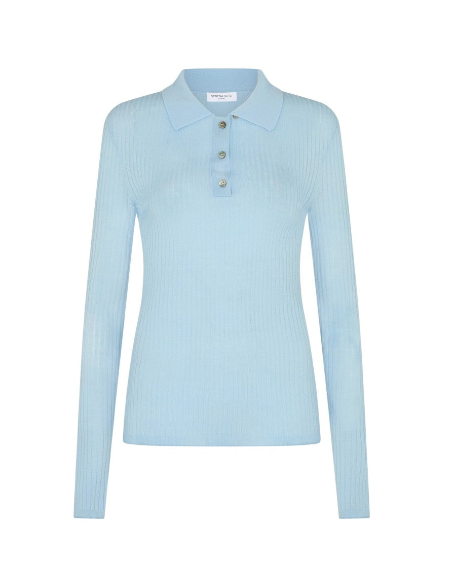 Serena Bute Ribbed Henley Top - Light Blue