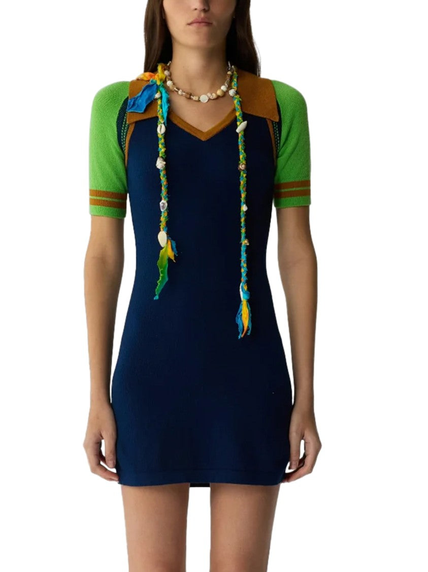 Guest In Residence Fitted Mini Dress With Contrasting Sleeves And V-Neckline