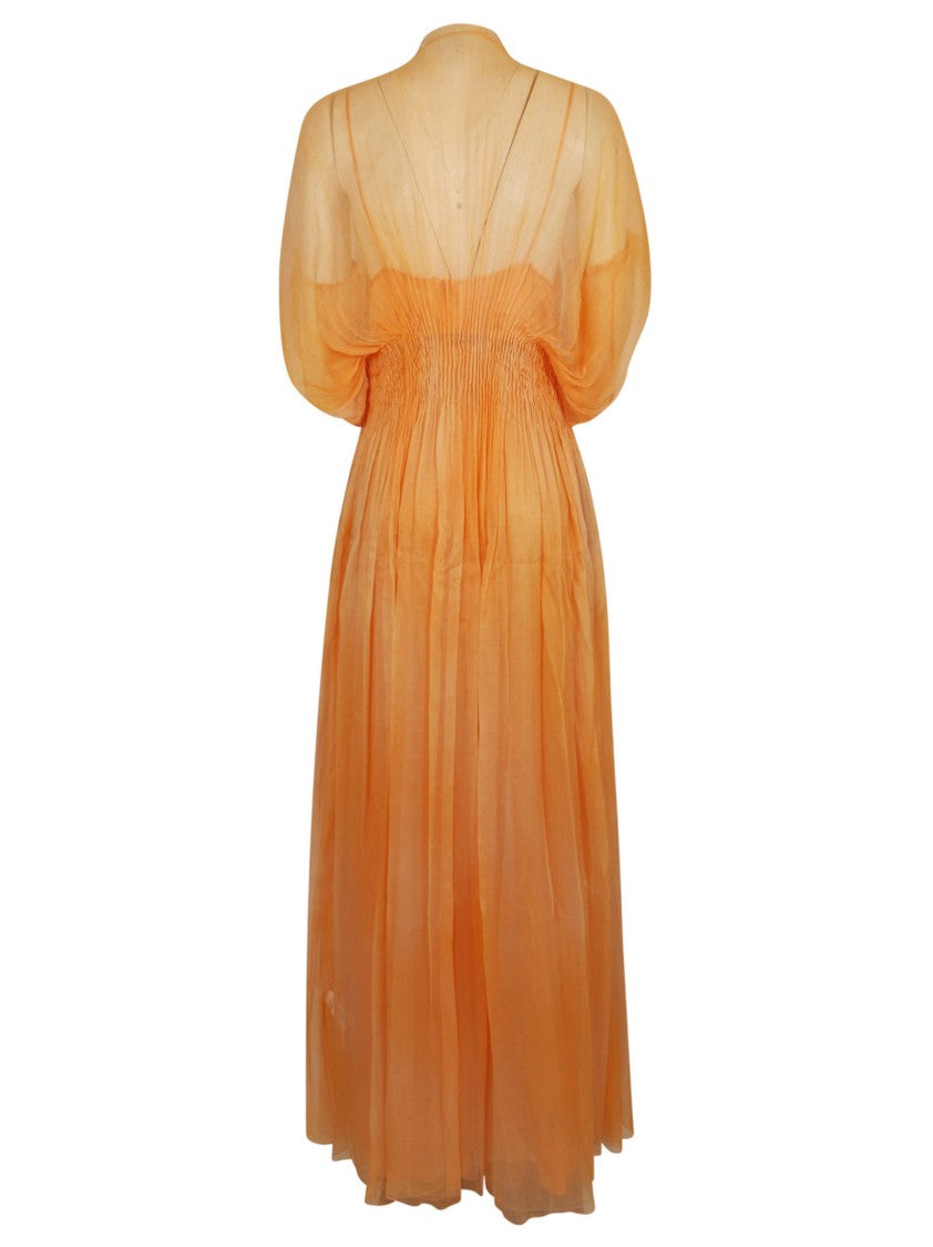 Ermanno Scervino Pure Silk Maxi Dress With Pleating And Buttoned Neckline