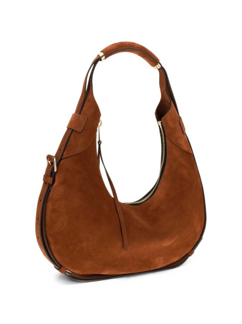 Moschino Crescent-Shaped Gold Accents Suede Top Handle Bag