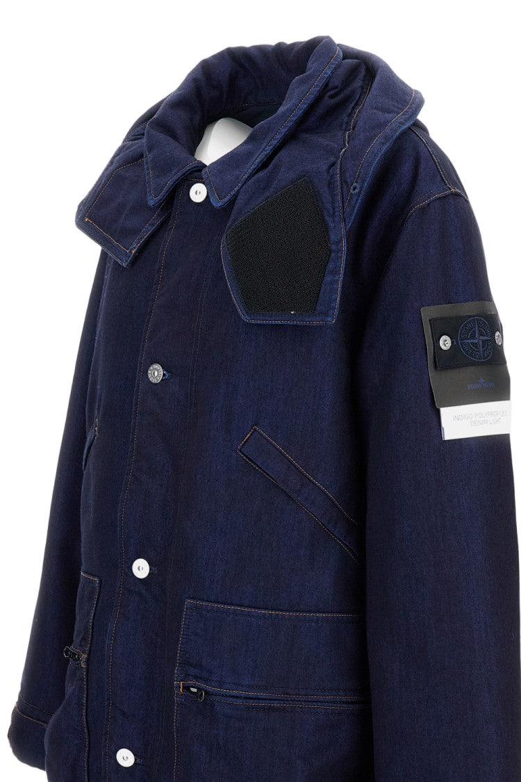 Stone Island Dark Blue Hooded Jacket With Button Closure