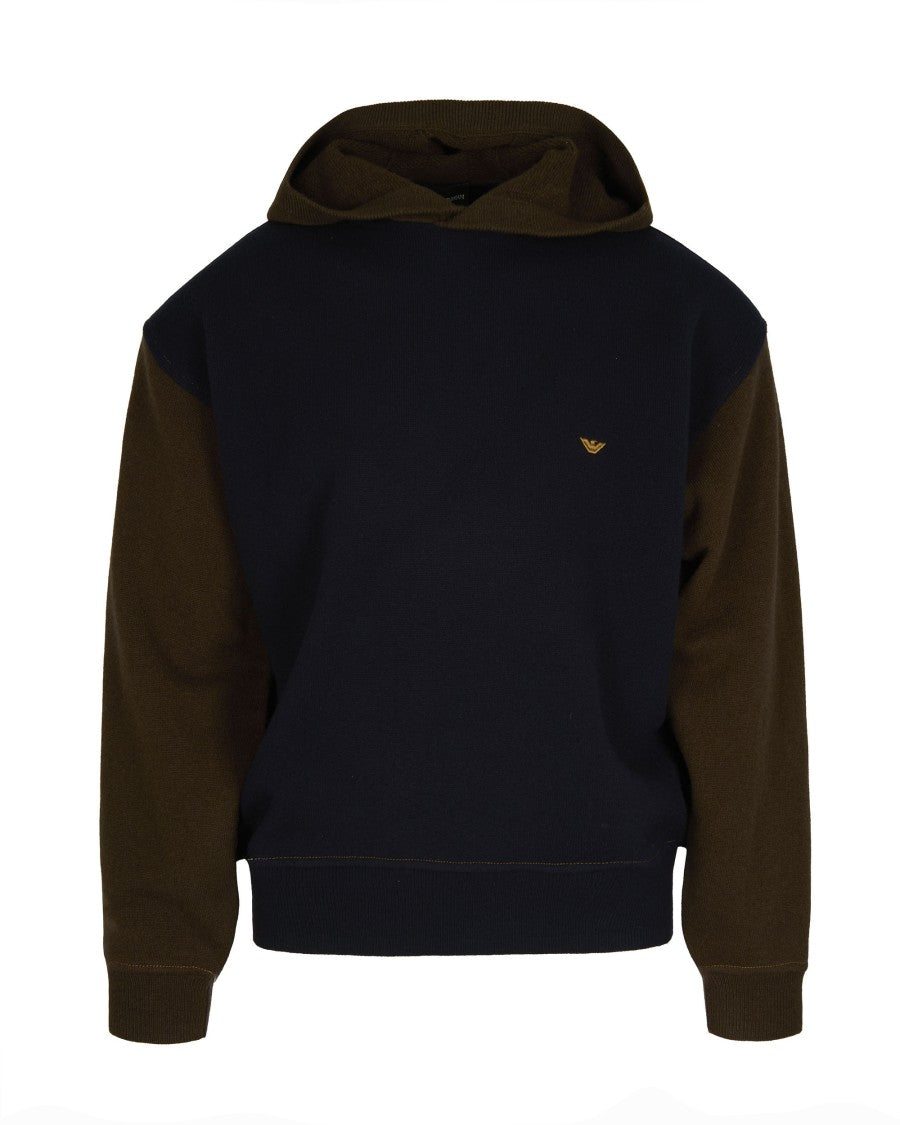 Emporio Armani Colorblock Wool Hoodie With Ribbed Details And Eagle Embroidery