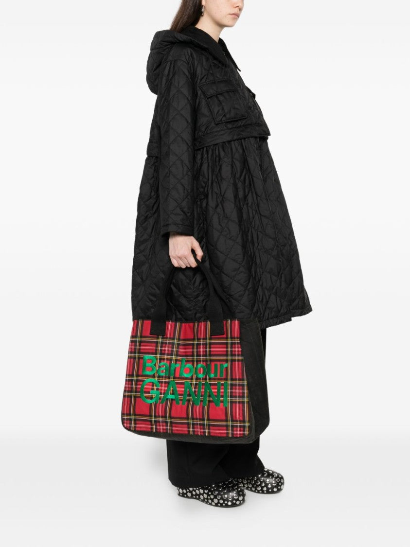 Ganni X Barbour Rectangular Tote Bag With Red Tartan Pattern And Logo Patch