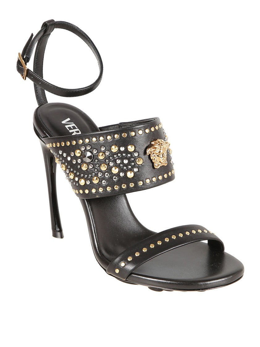 Versace Black Leather Sandals With Curved Stiletto Heel
