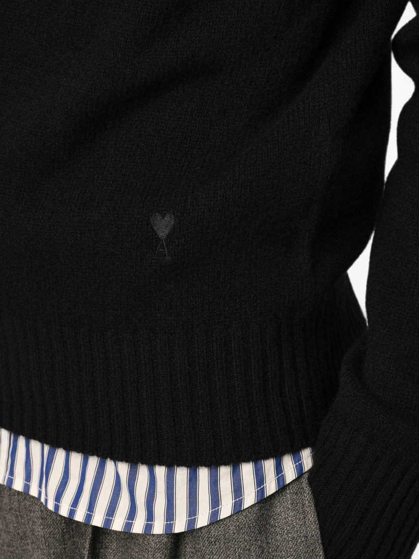 Ami Paris Minimalist Black Crew-Neck Sweater With Embroidered Detail