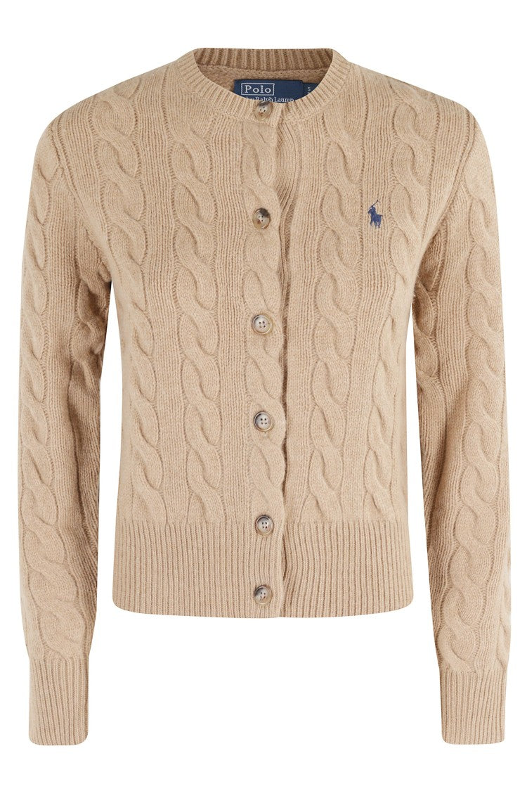 Polo Ralph Lauren Camel Melange Woven Cardigan With Embroidered Logo