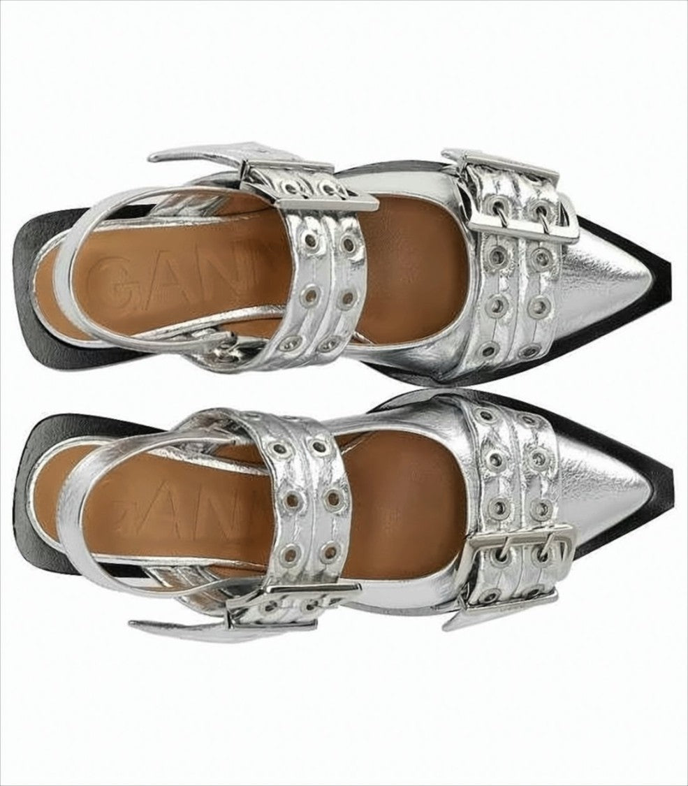Ganni Pointed Toe Flats With Buckle Detail And Metallic Finish