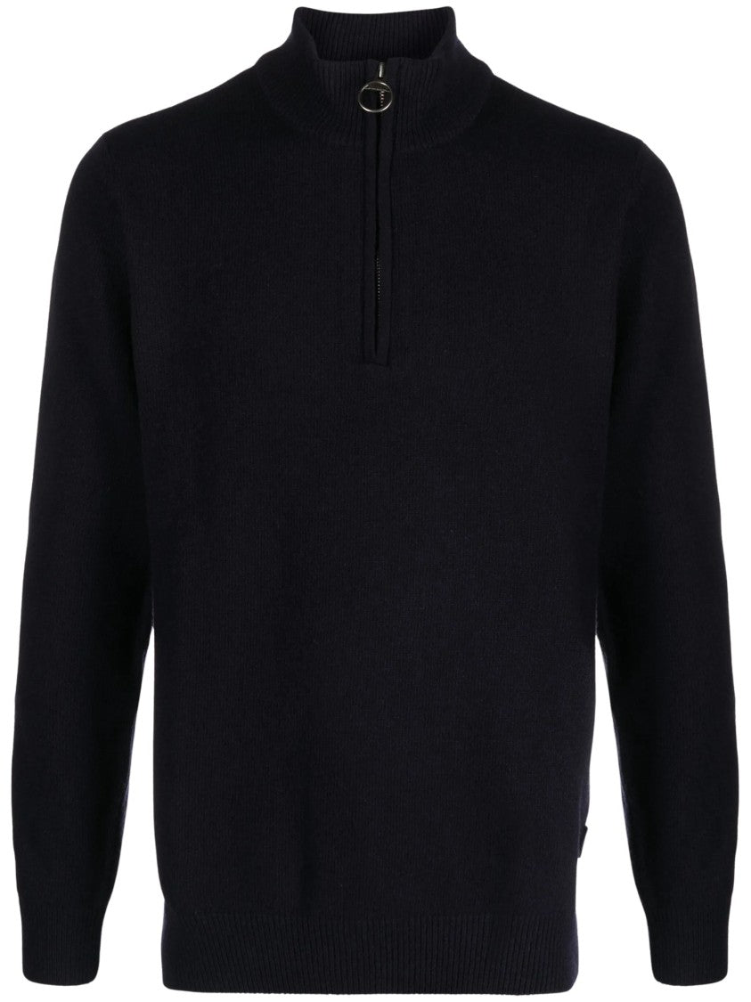 Barbour Funnel-Neck Zip-Up Wool Jumper With Plaid Elbow Patches
