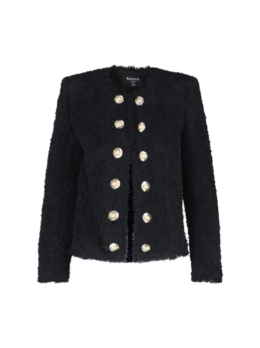 Balmain Textured Black Jacket With Gold Button Accents
