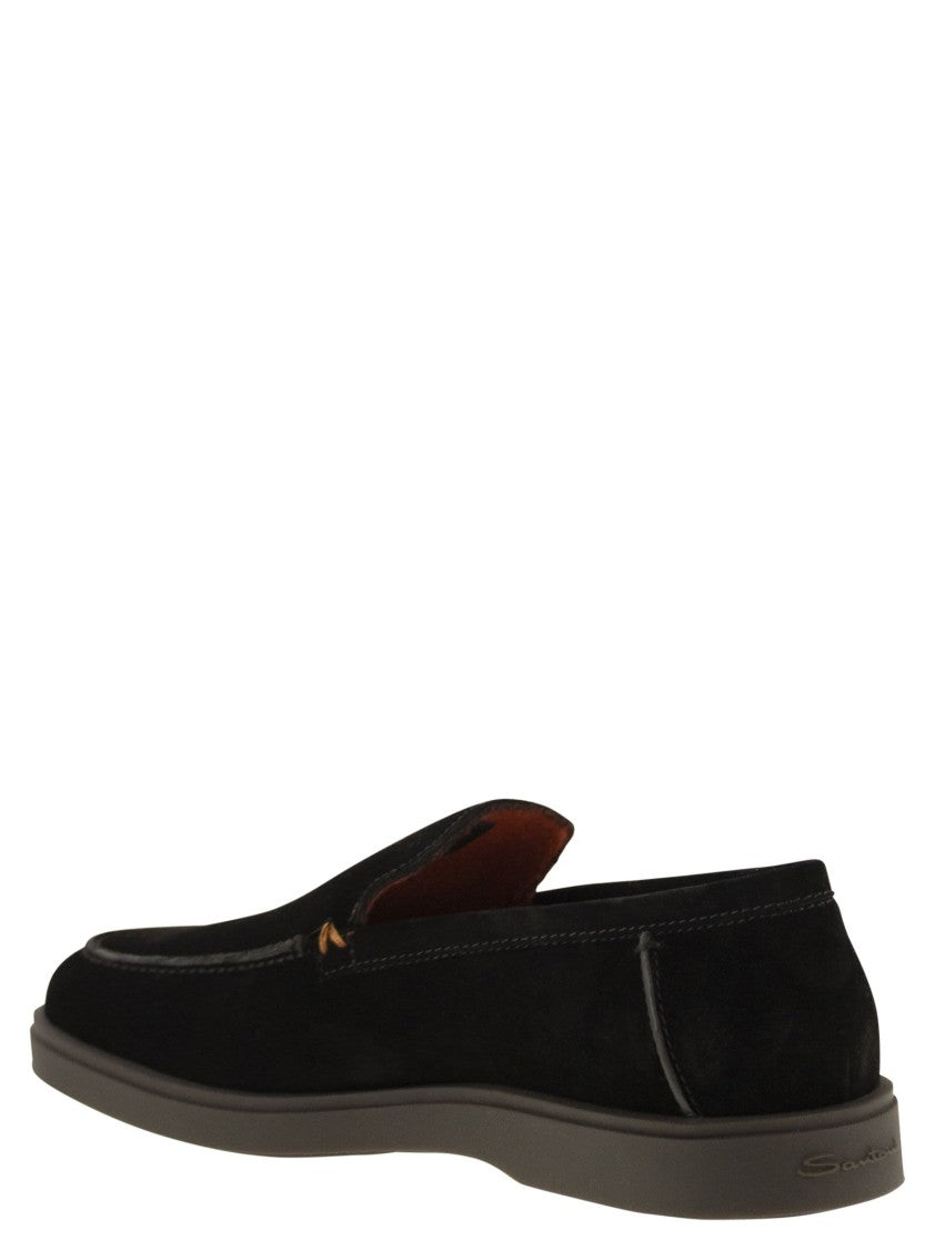 Santoni Fine Suede Moccasin With Signature Orange Accents