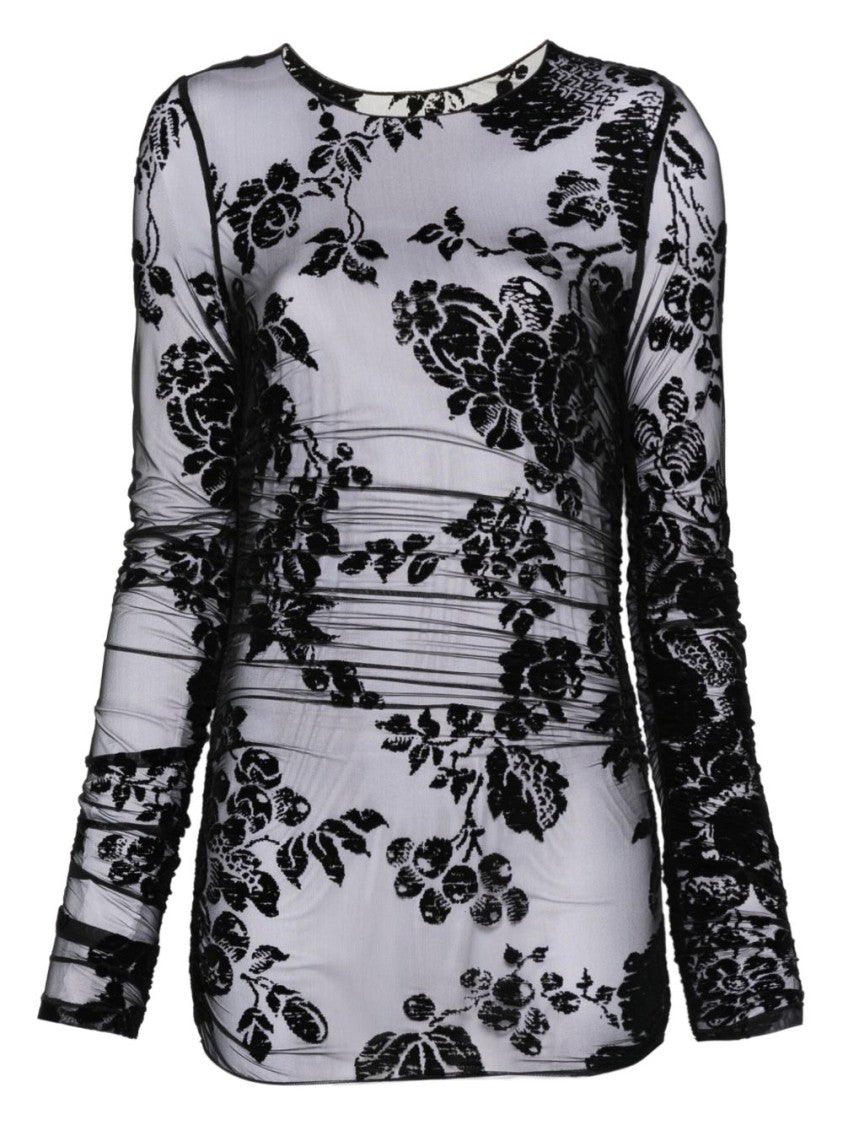 Pinko Sheer Long-Sleeve Floral Flocking Top