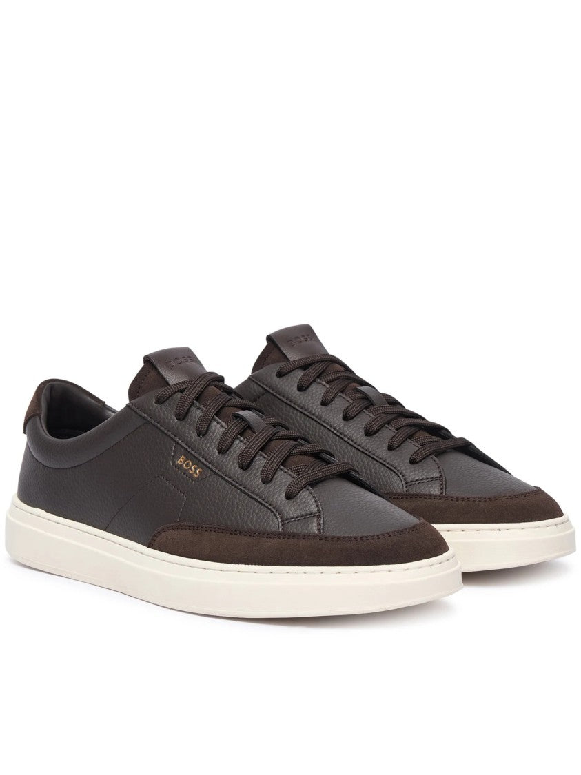 Hugo Boss Dark Brown Textured Leather Sneakers