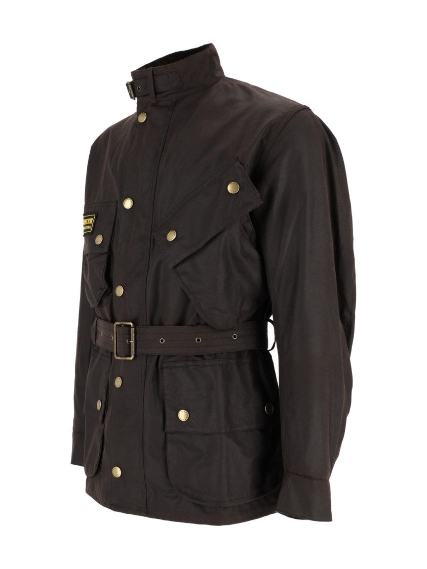 Barbour Brown Waxed Cotton Jacket With Belted Waist And Functional Pockets