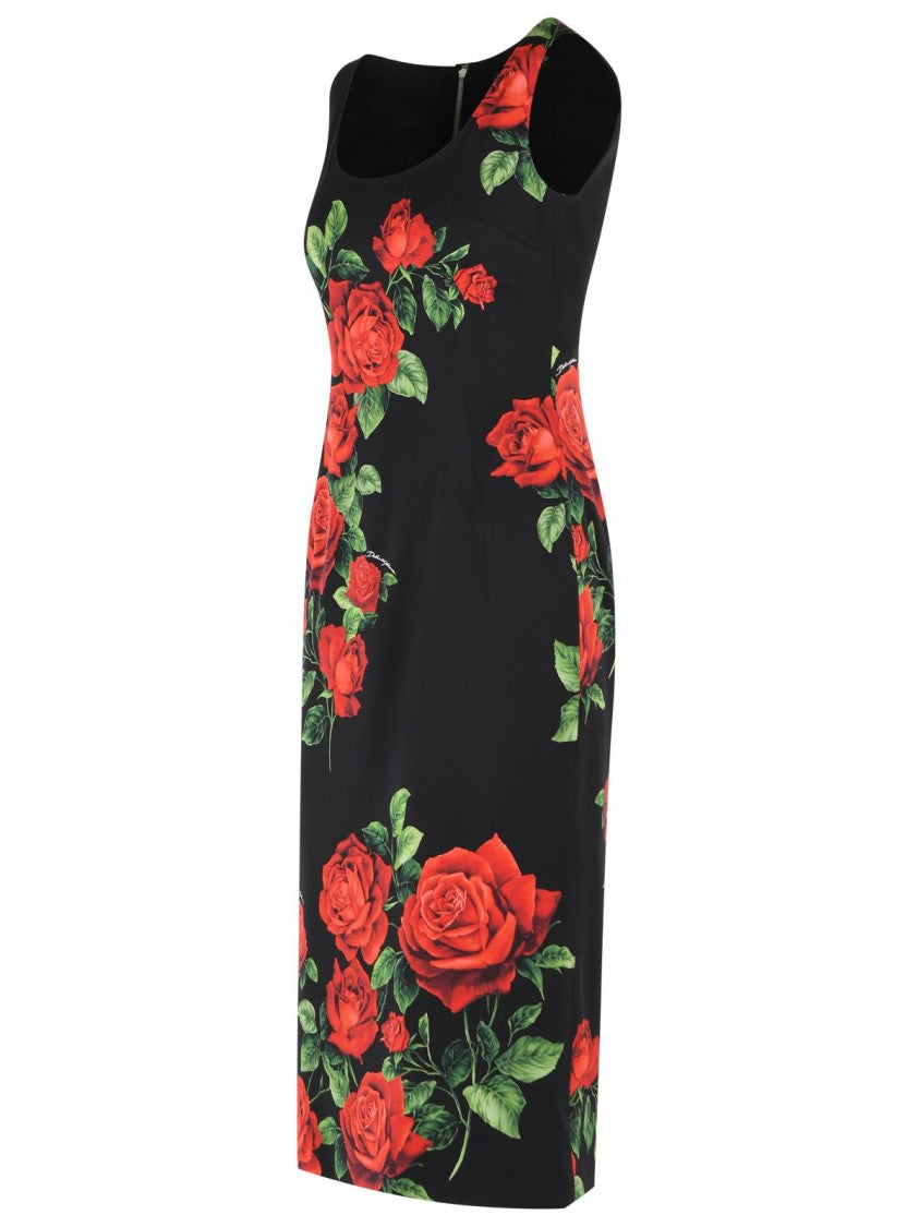 Dolce & Gabbana Black Rose Pattern Sleeveless Stretch Silk Dress