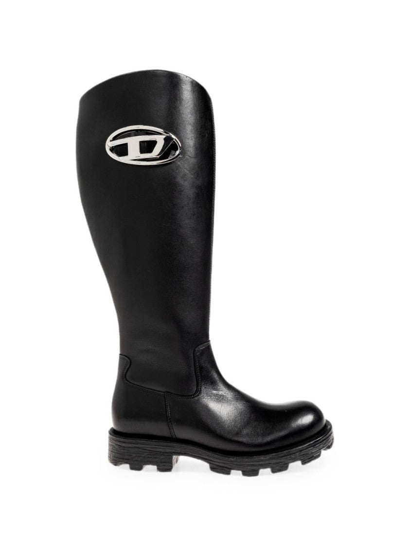 Diesel Knee-High Black Leather Boots With Metallic Accent