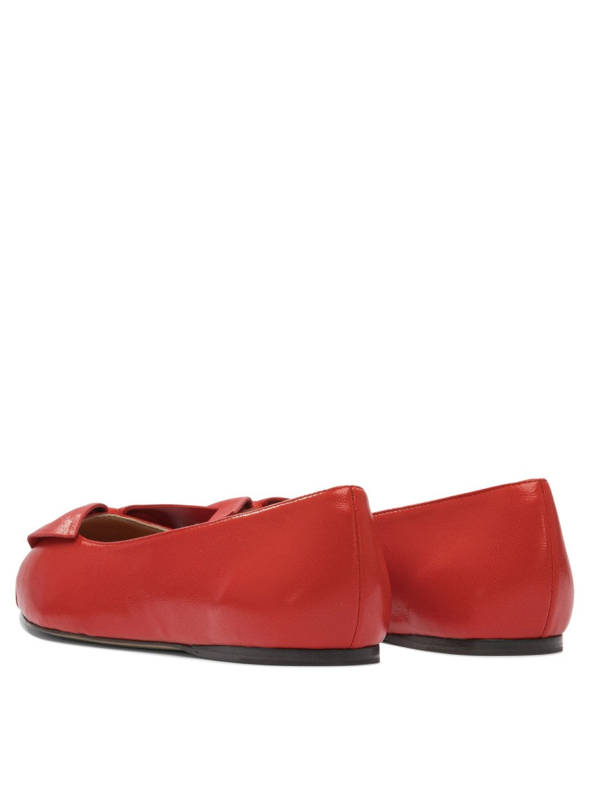Ferragamo Red Leather Ballerinas With Bow Accent