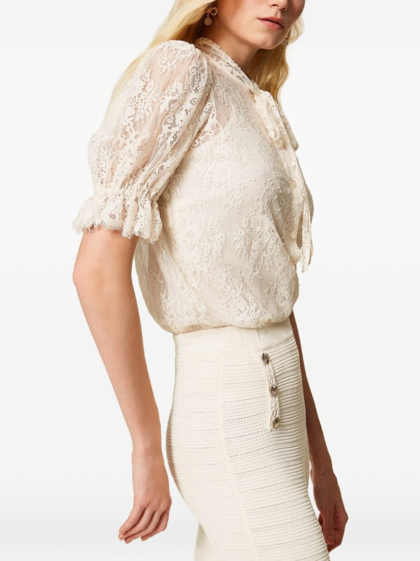 Twin-Set Lace-Detail Blouse With Puffed Sleeves And Tie-Neck