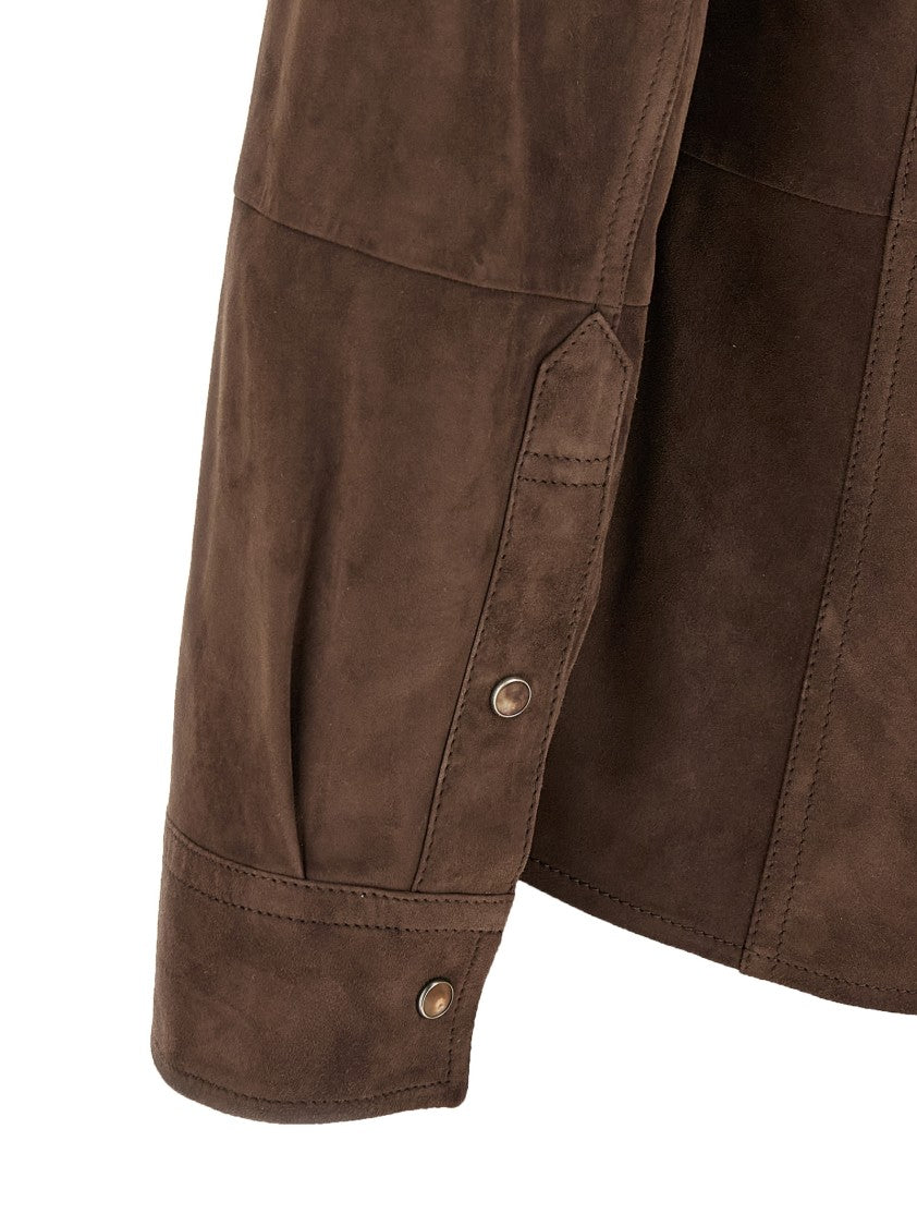 Brunello Cucinelli Paneled Construction Suede Overshirt With Snap Button Closure