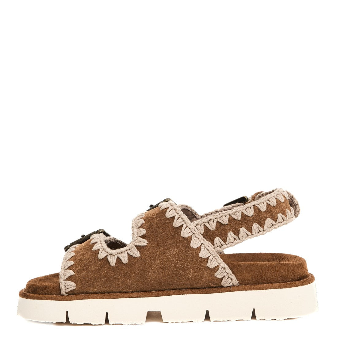 Mou Double Buckle Suede Sandals With Contrasting Stitching