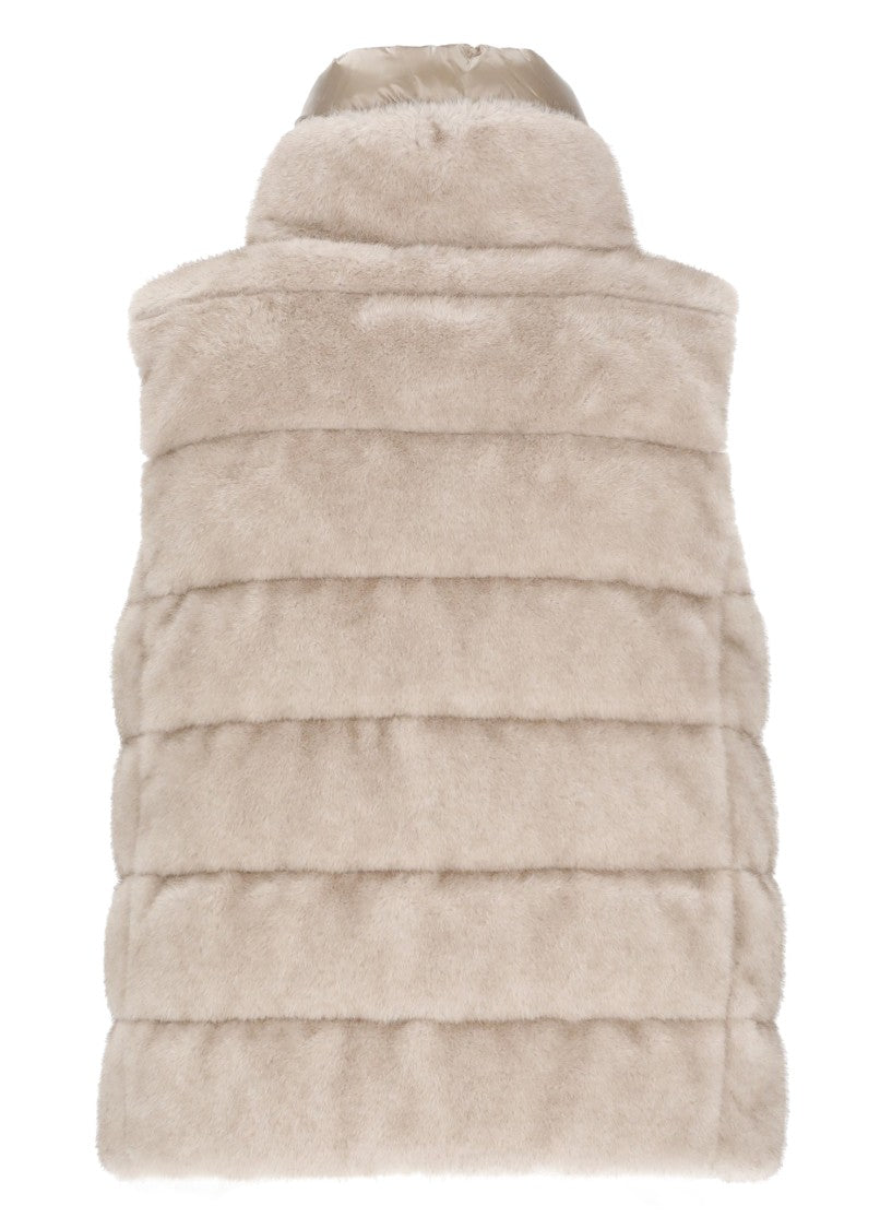 Herno Beige High Neck Faux Fur Sleeveless Down Jacket