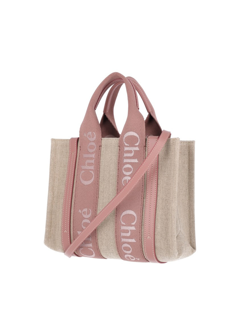 Chloé Beige Woody Linen Logo Tote Bag