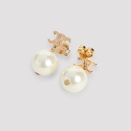 Celine Cut-Out Brass Stud Earrings With Ivory Pearl Drop