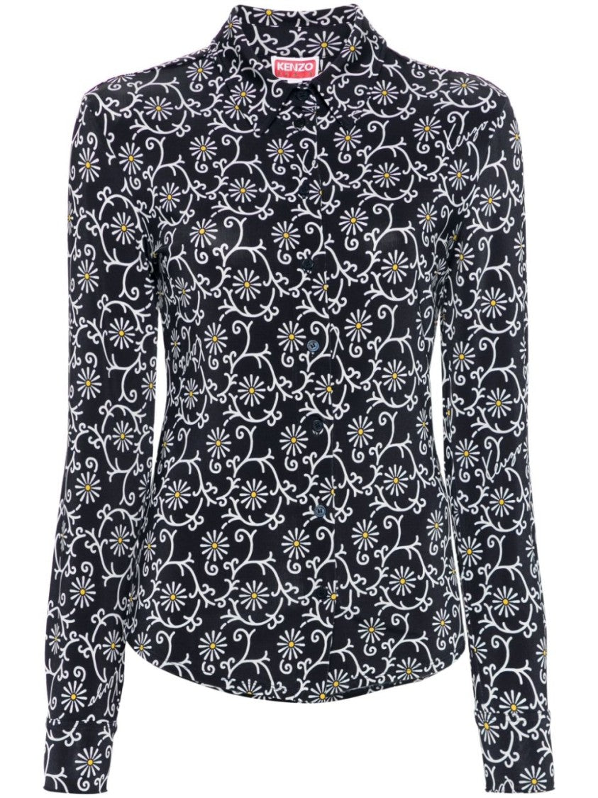 Kenzo Midnight Blue Floral Print Stretch-Jersey Top