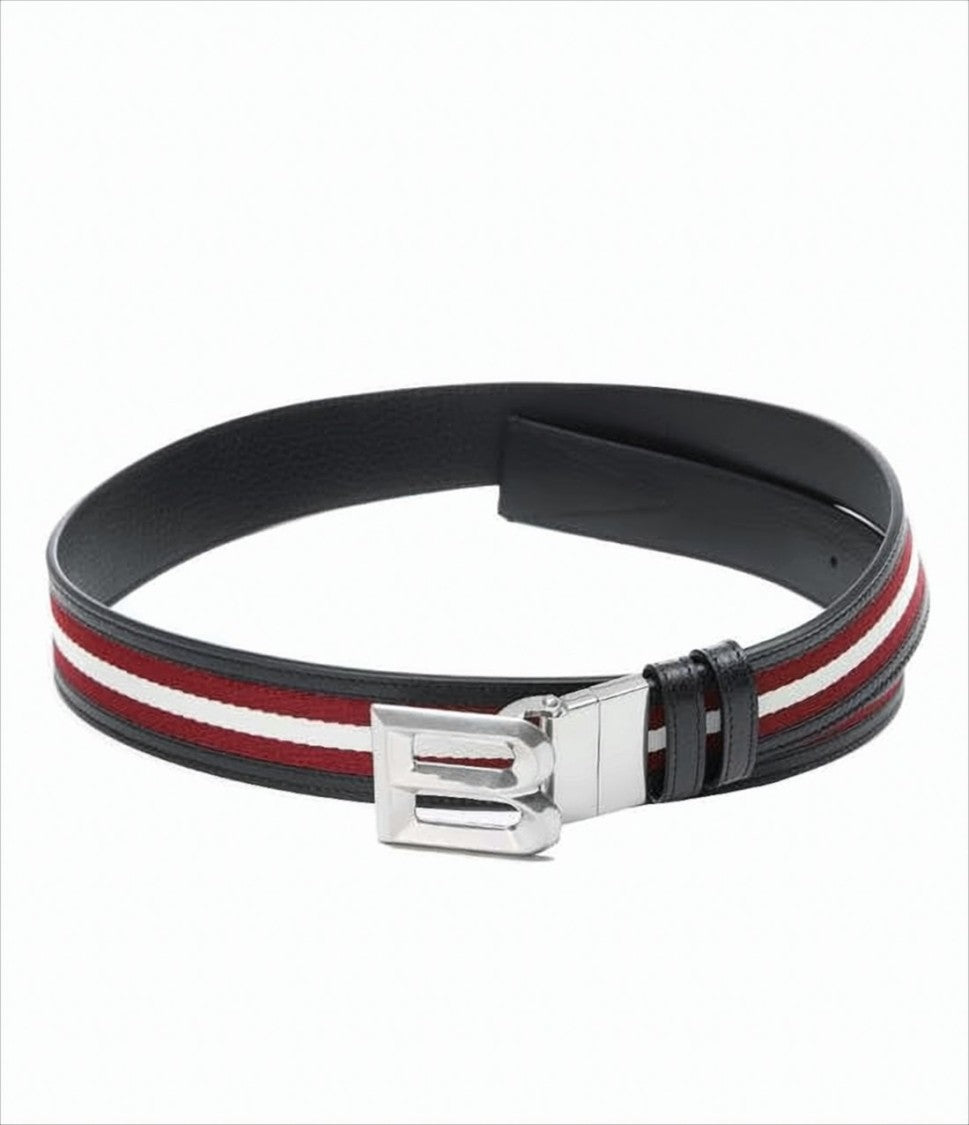 Bally Black Leather Belt With Striped Fabric Inlay