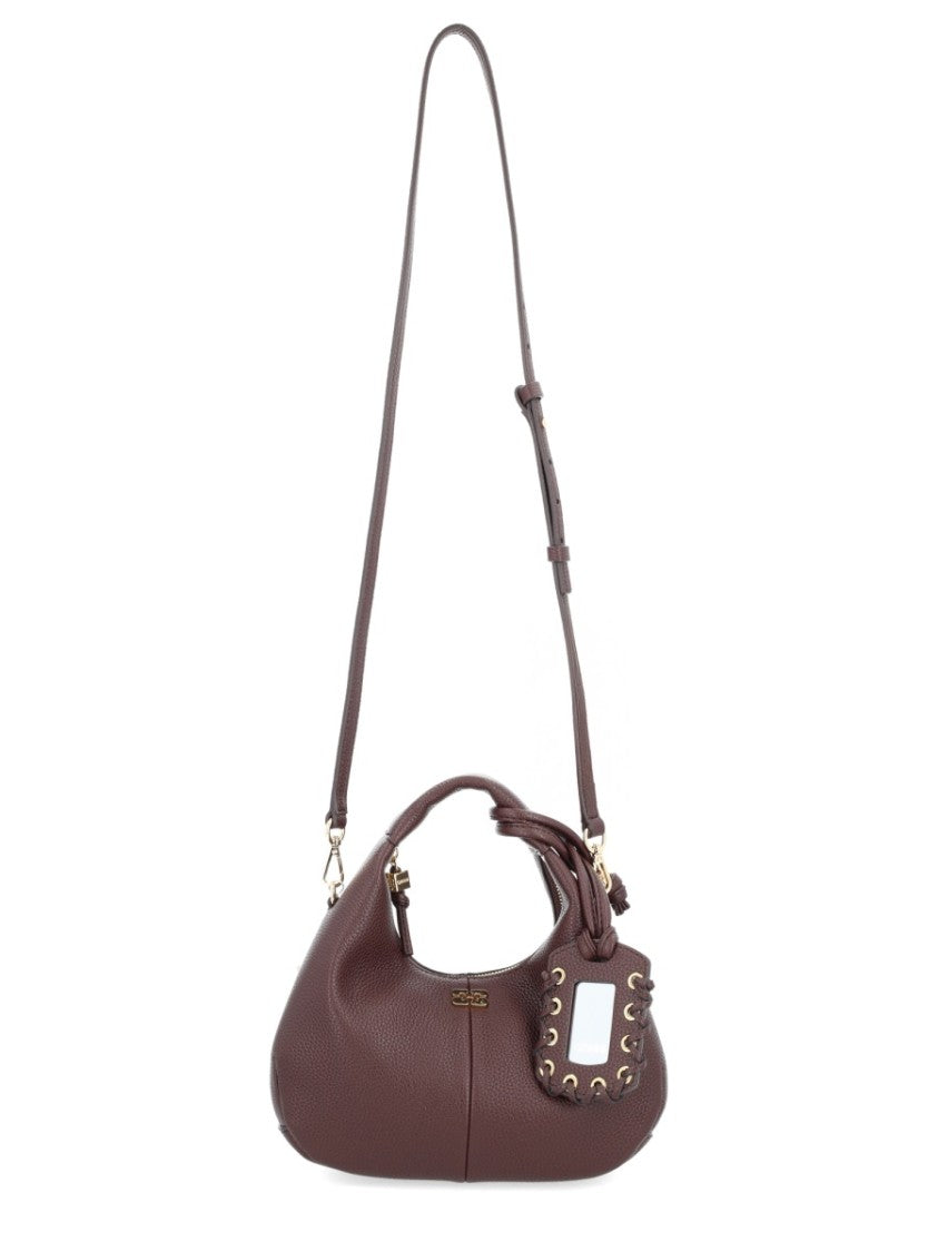 Ganni Pebbled Texture Burgundy Hobo Bag With Adjustable Strap