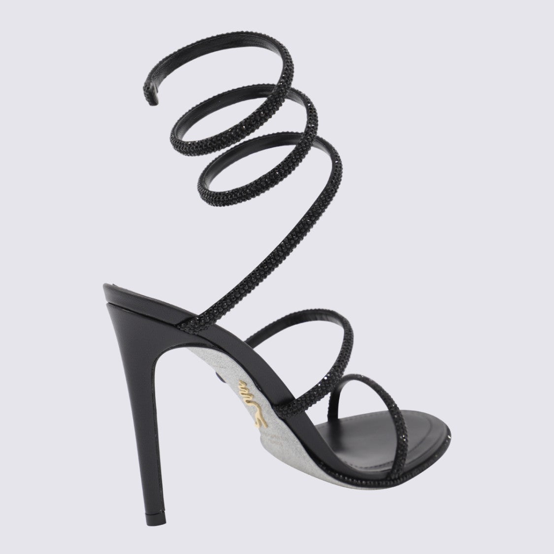 René Caovilla High-Heeled Black Sandals With Spiral Crystal Ankle Strap