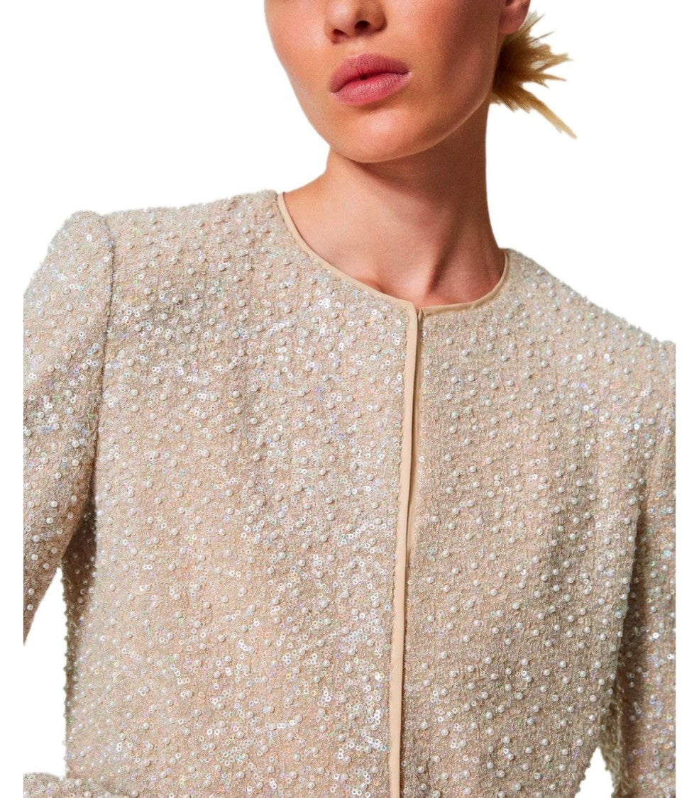 Twin-Set Beige Sequins Cropped Jacket