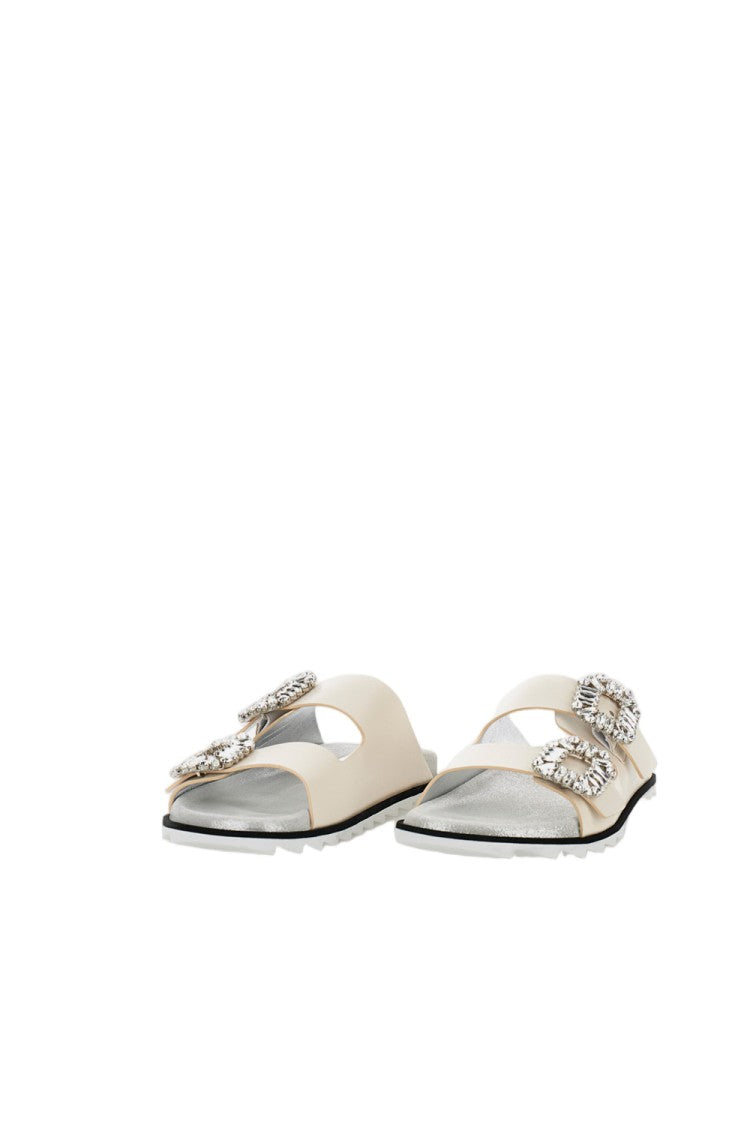 Roger Vivier Ornate White Sandals With Textured Sole And Silver Accents