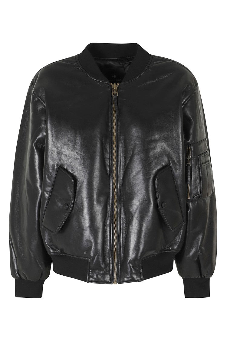 Anine Bing Black Leon Military Leather Bomber Jacket