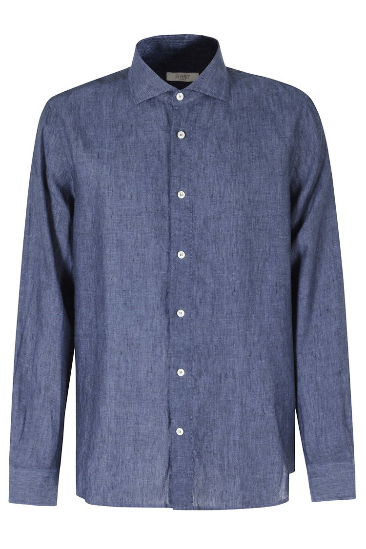 Seventy Blue Rounded Hem Buttoned Linen Shirt