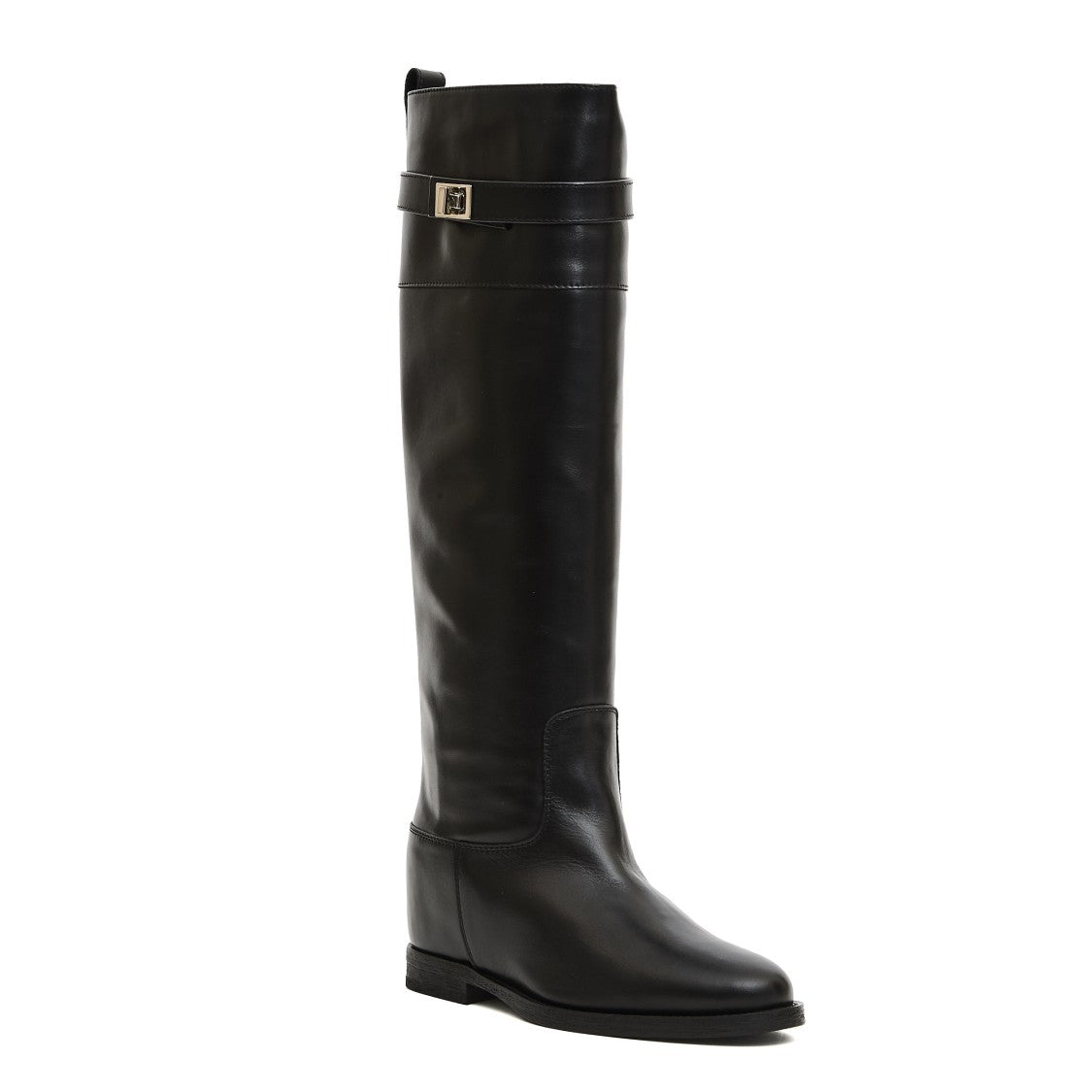 Via Roma 15 Tall Black Leather Boots With Silver Clasp Detail