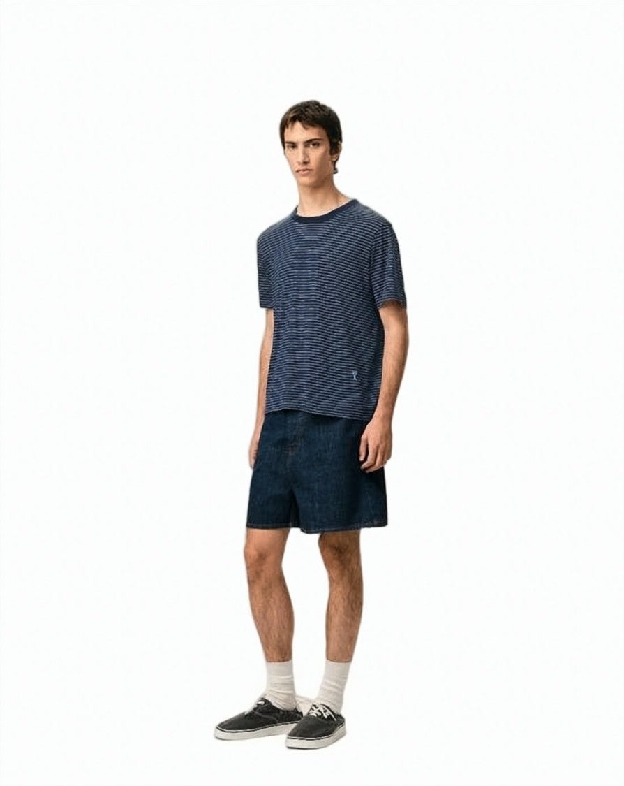 Ami Paris Navy Blue Cotton T-Shirt With Striped Design