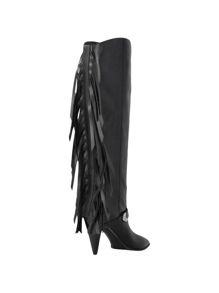 Pinko Knee-High Fringe Boots With Pointed Toe And Angled Heel