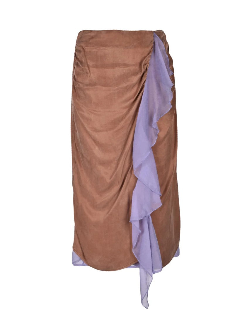 Weili Zheng Lilac Taupe Draped Ruffle Midi Skirt
