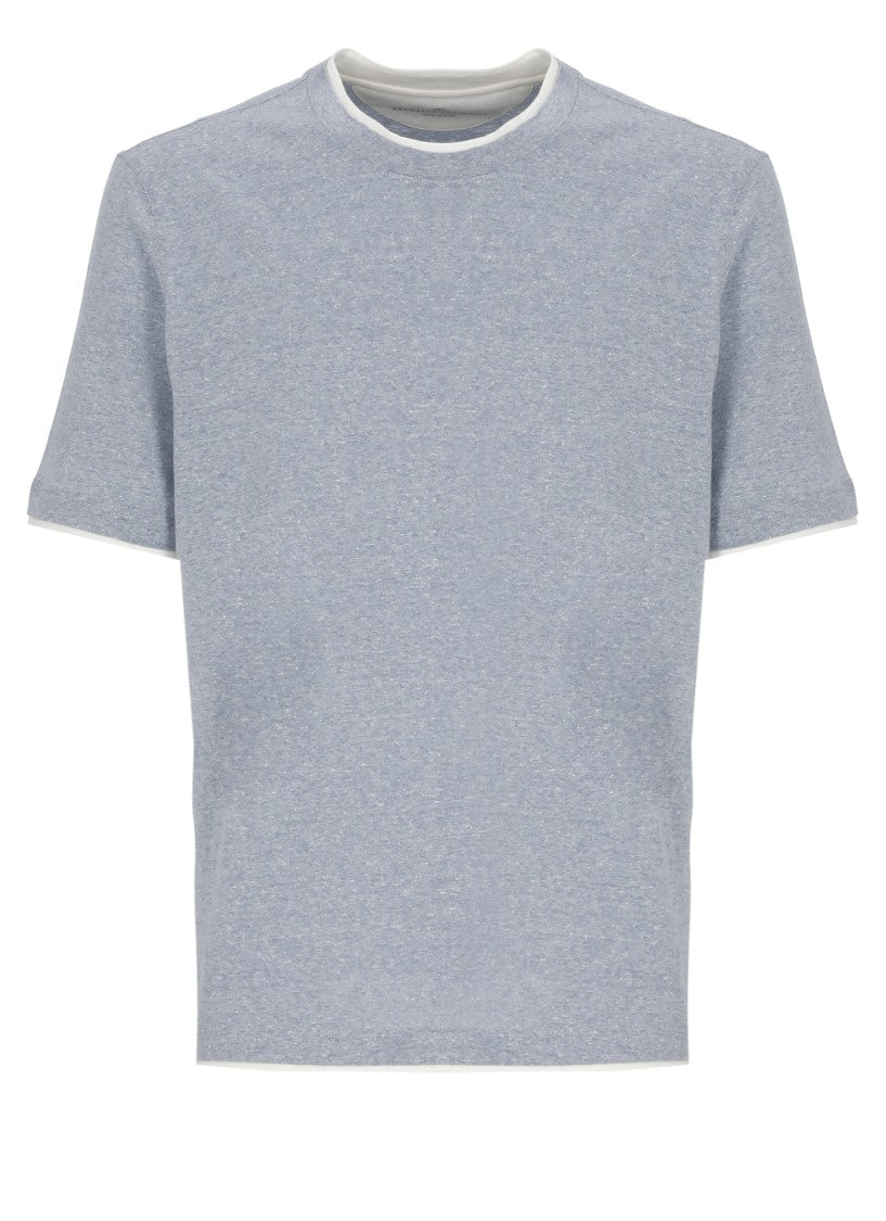 Brunello Cucinelli Light Blue Trims Cotton-Linen T-Shirt